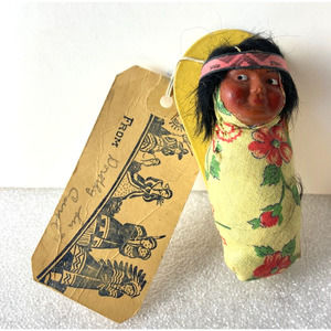 Antique Skookum Papoose Celluloid Doll w Original Dennison Card Native American